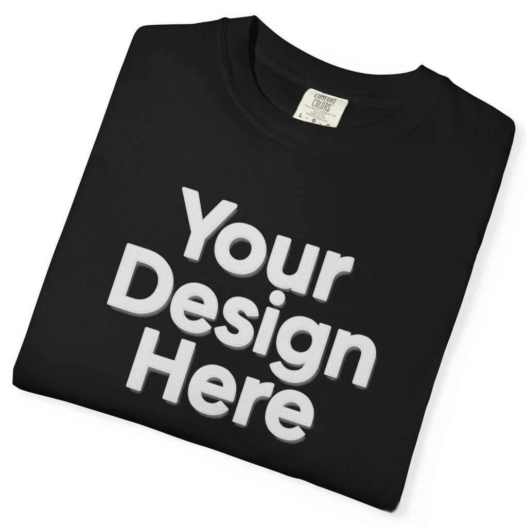 Black t-shirt with 'Your Design Here' text on a white background