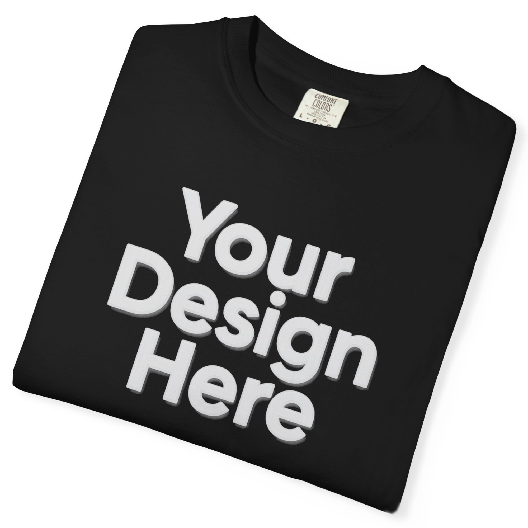Black t-shirt with 'Your Design Here' text on a white background