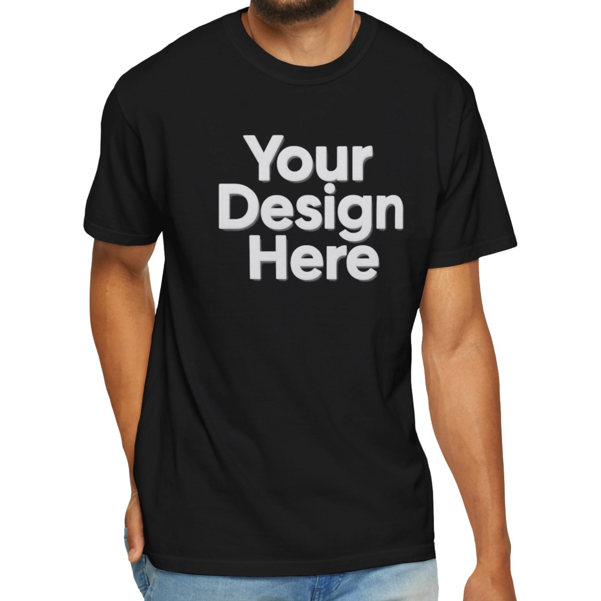 Black t-shirt with 'Your Design Here' text on a white background
