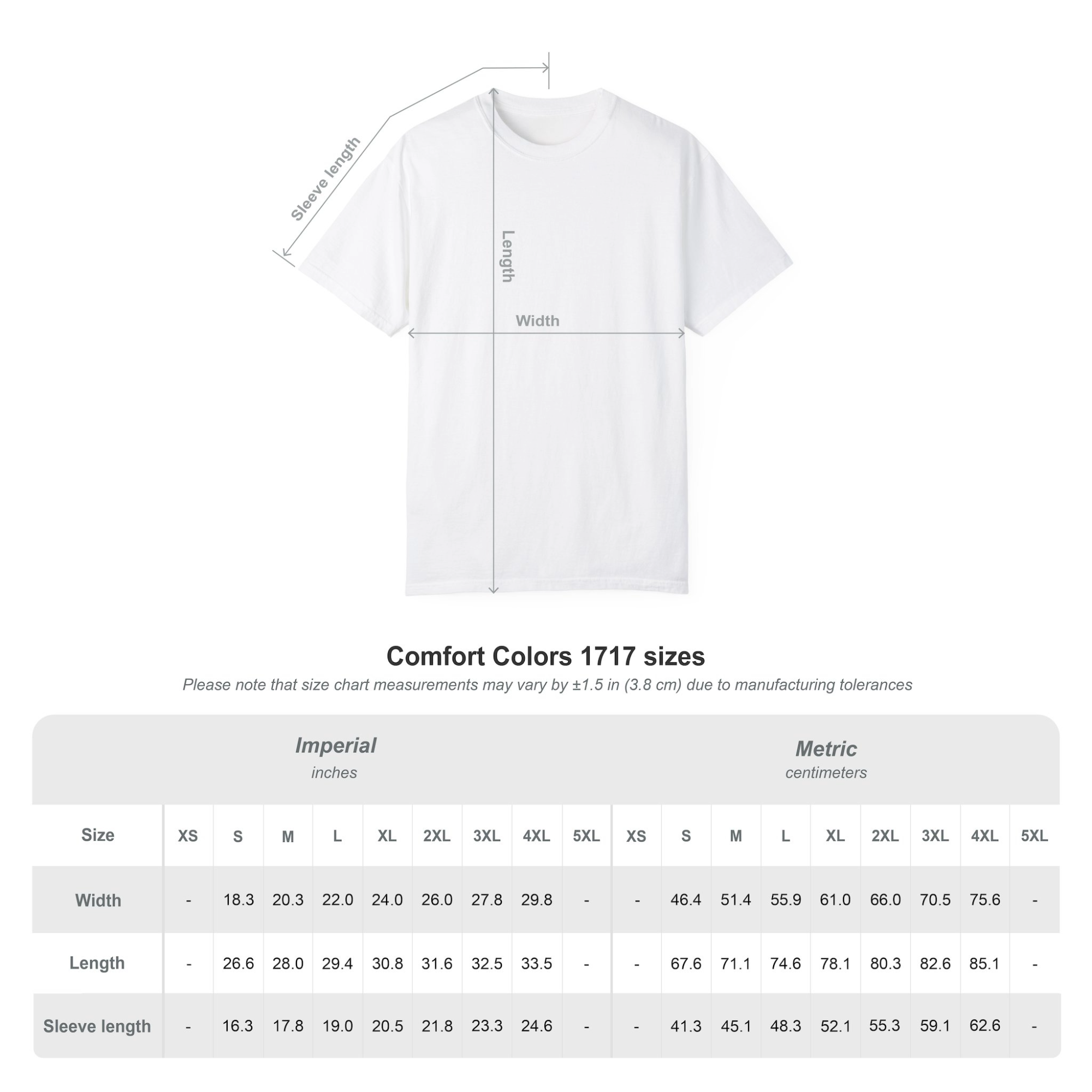 White t-shirt with size chart measurements on a white background