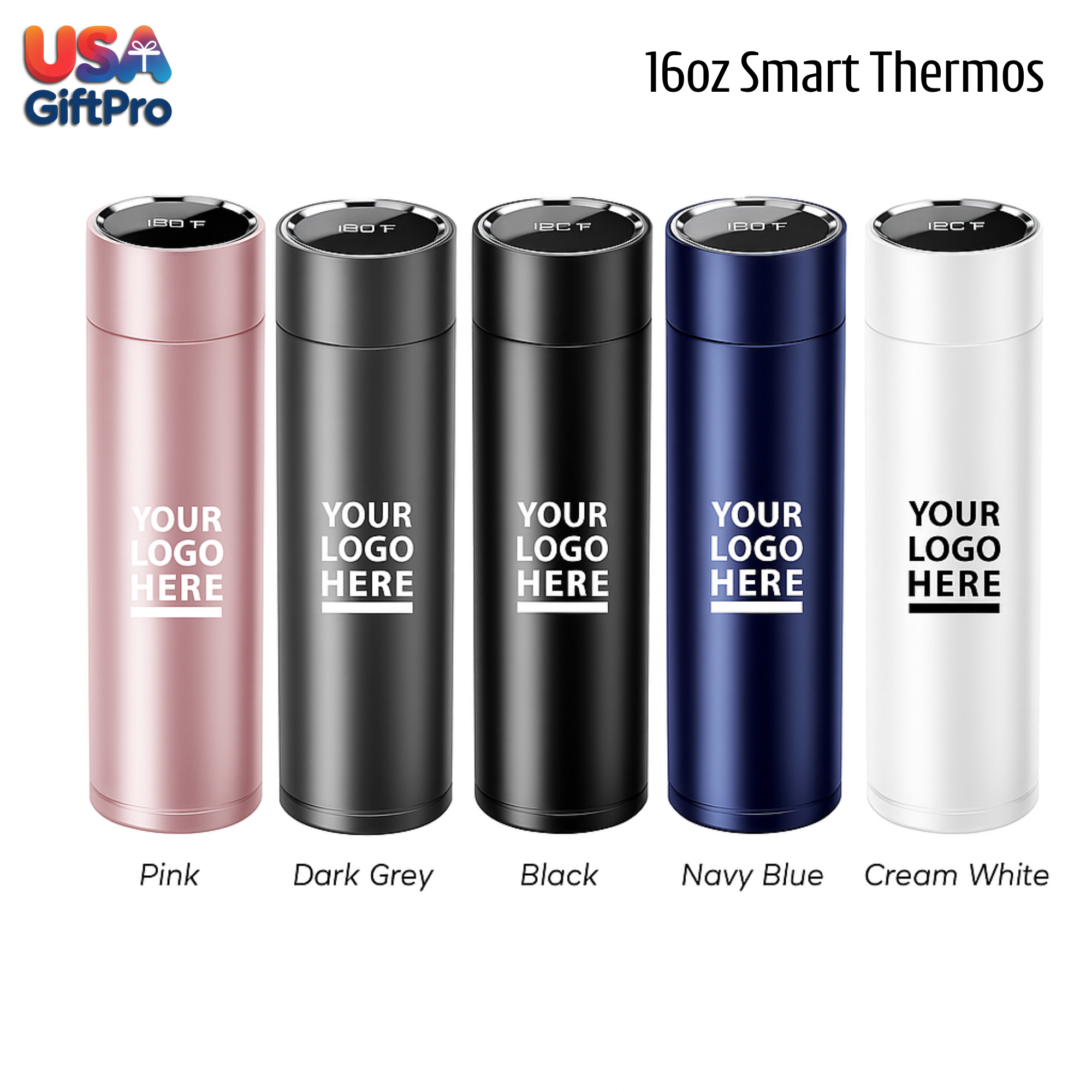 Five smart thermos bottles in different colors with 'Your Logo Here' text on a white background.