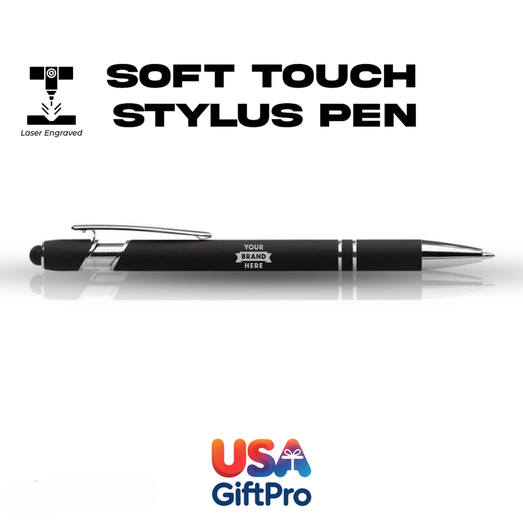 Black soft touch stylus pen with branding area on a white background, featuring USA GiftPro logo.
