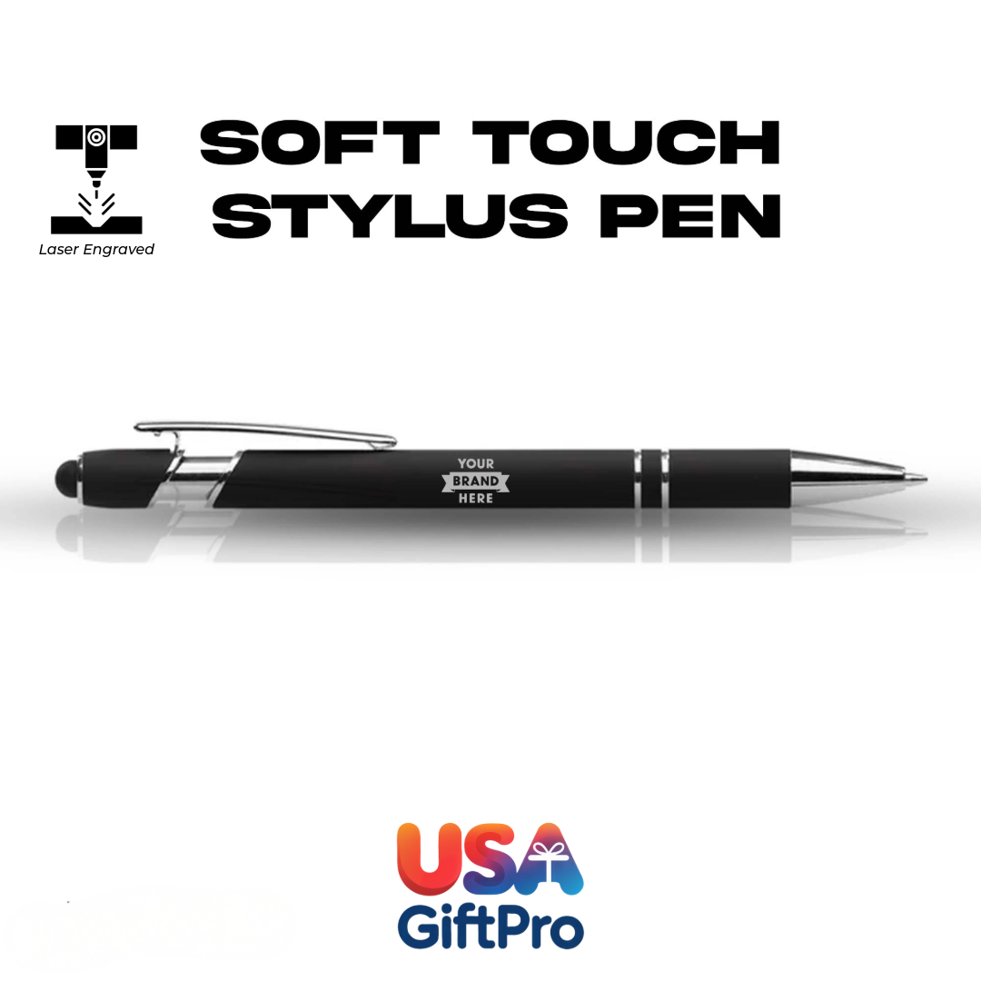 Black soft touch stylus pen with branding area on a white background, featuring USA GiftPro logo.