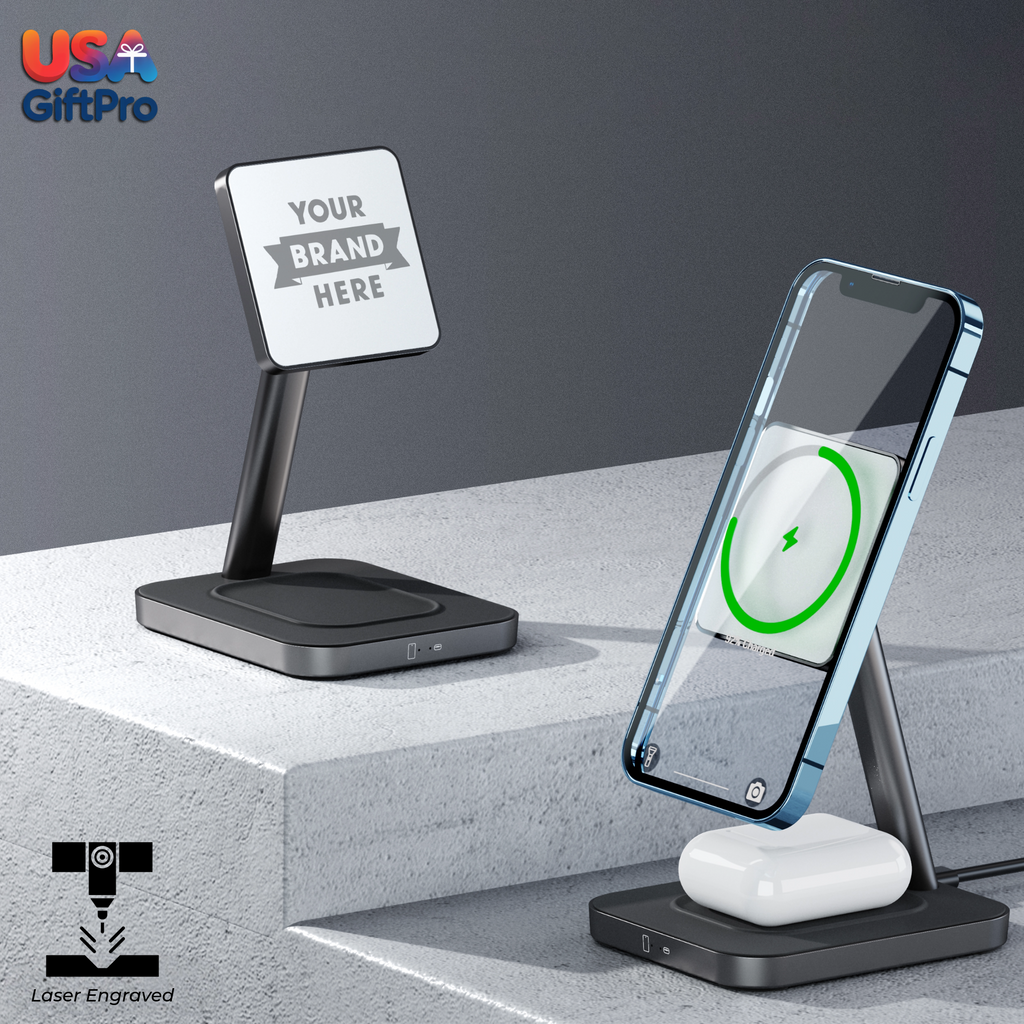 Wireless charging stand with smartphone on a gray surface, branded 'USA GiftPro'.