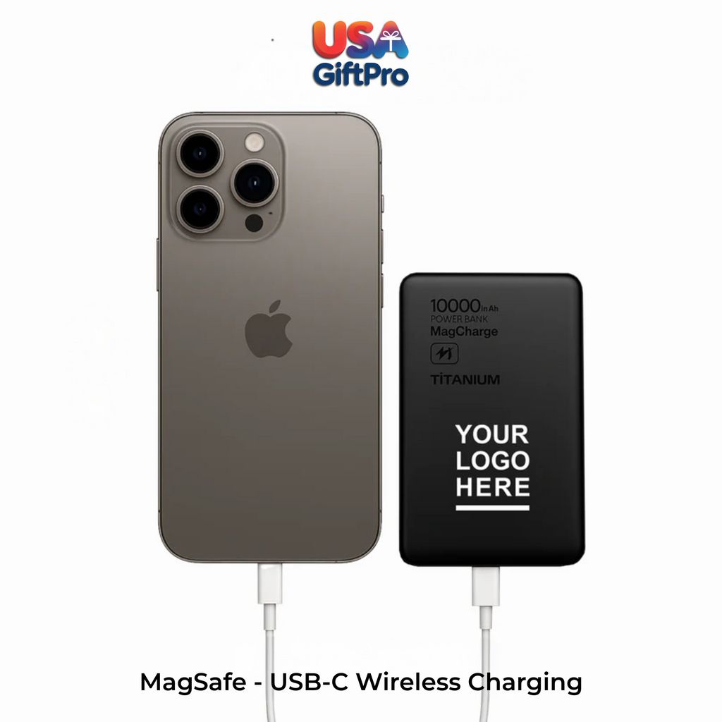 Smartphone with MagSafe wireless charging pad on a white background, featuring USA GiftPro branding.
