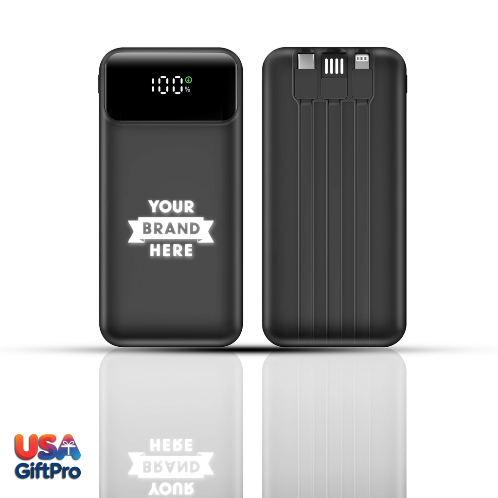 Customizable Black 10,000mAh Portable Charger – Built-in USB-C & iOS Cables, 22.5W PD Fast Charging