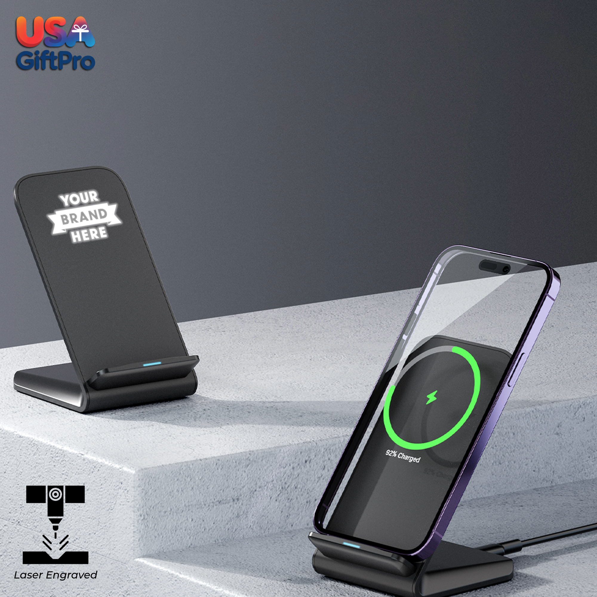Wireless charging stand with smartphone on a gray surface, branded 'USA GiftPro'.