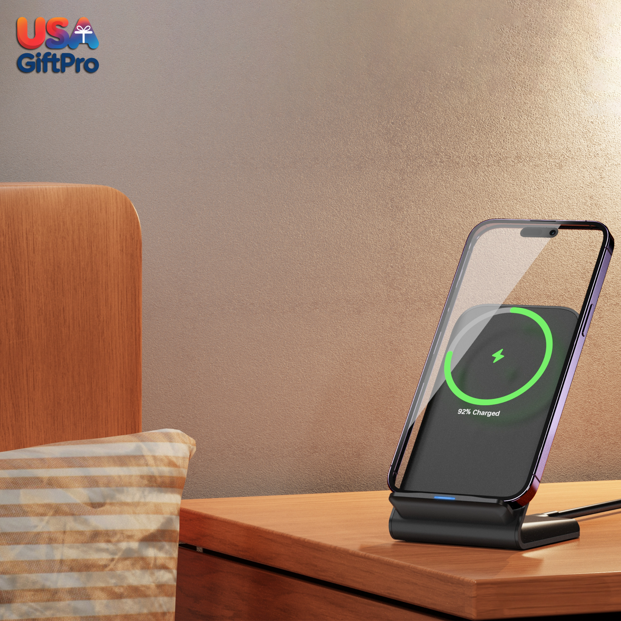 Wireless phone charger on a wooden surface with 'USA GiftPro' branding.