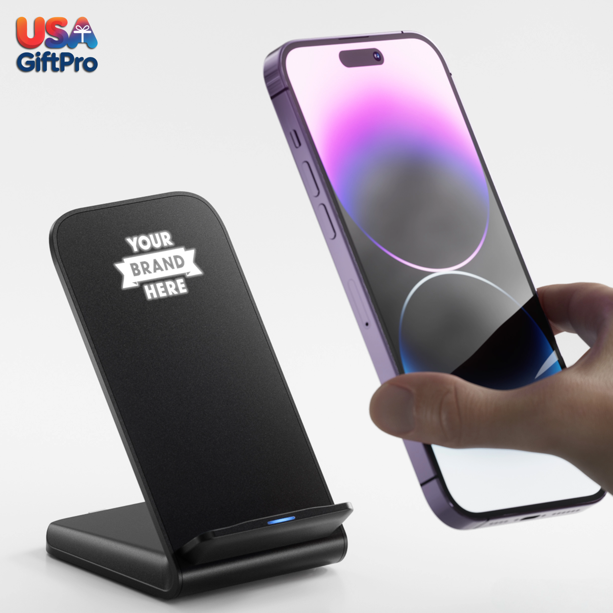 Black wireless charging stand with a hand holding a smartphone on a white background, featuring USA GiftPro branding.