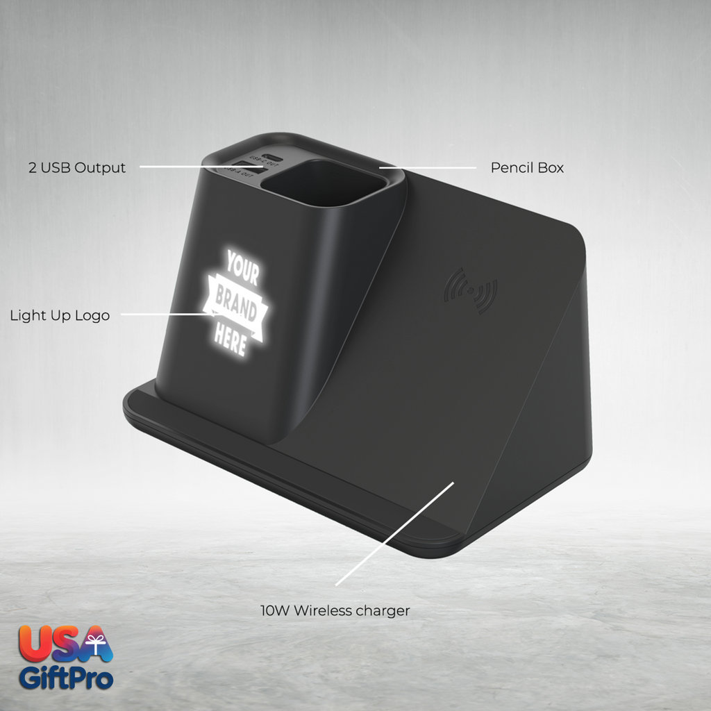 Customizable Desk Organizer with 10W Wireless Charger & Dual USB Outputs