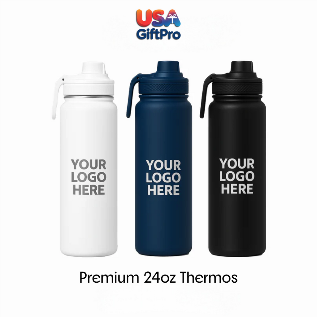 Three thermos bottles in white, blue, and black with 'Your Logo Here' text on a white background, featuring the USA GiftPro logo.